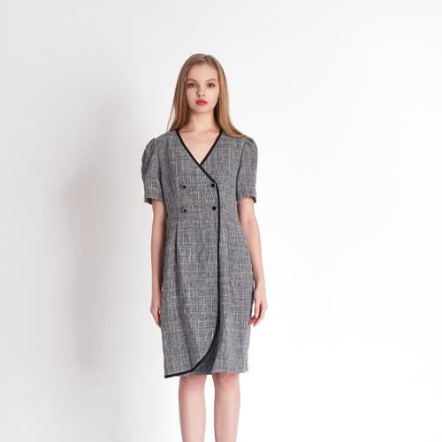 [FREAKS] Glen Check Linen Asymmetrical Wrap Dress 1