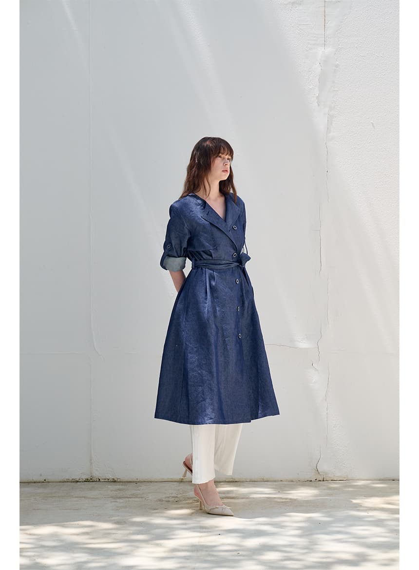 [FREAKS] Hot Summer Linen Blending Recycled Denim High-Waisted Trench Dress 5